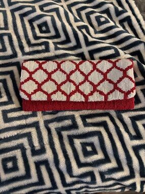 Moyna Red and White Beaded Foldover Clutch
